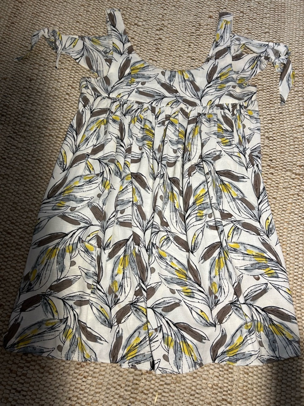 Leaf Print Tie-Shoulder Sundress in Cream, Brown & Yellow